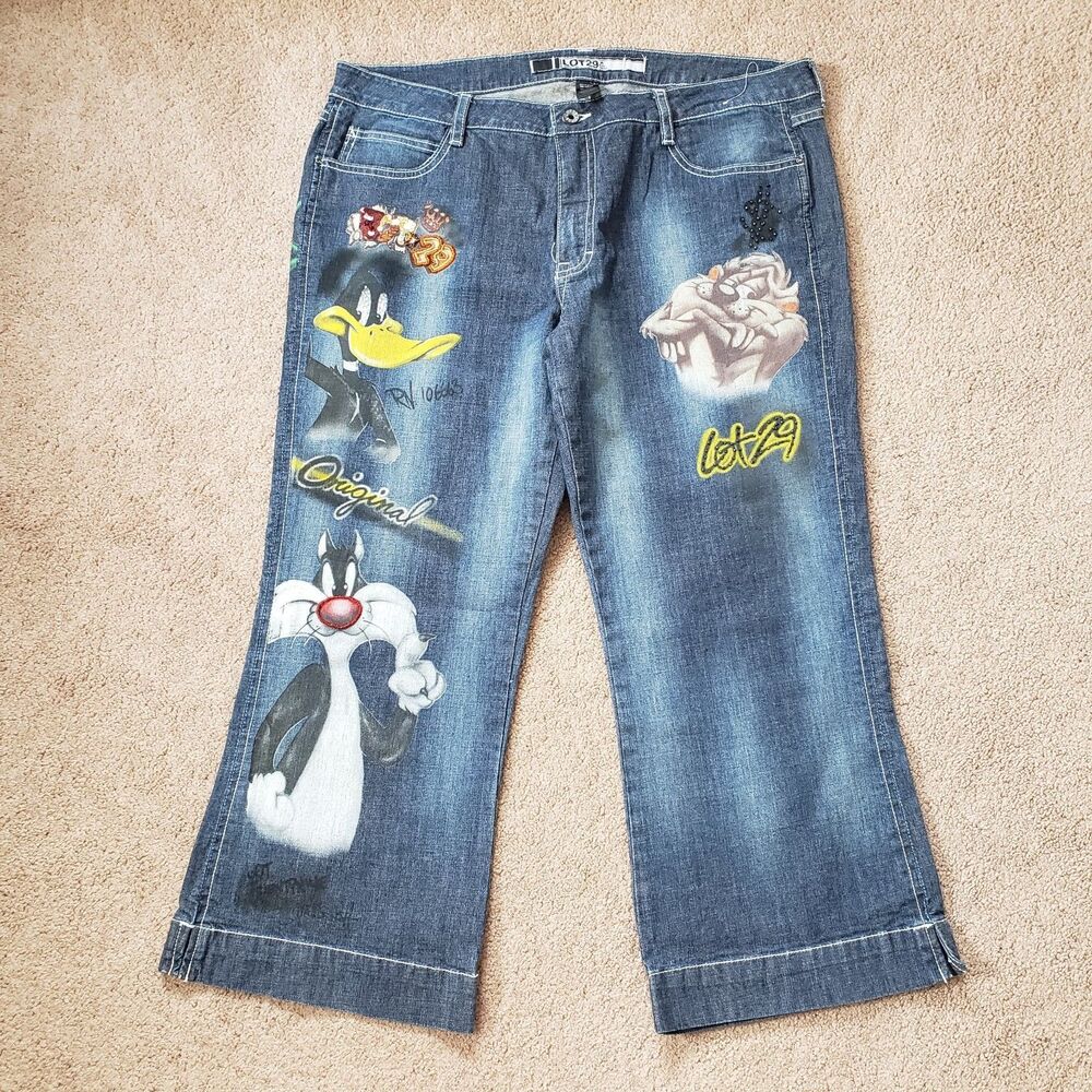 Vtg Rare Lot 29 Looney Tunes Airbroched Daffy Silvestre Taz Baggy Capri Jeans